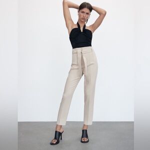 Zara High Waisted Belted Trousers Cream